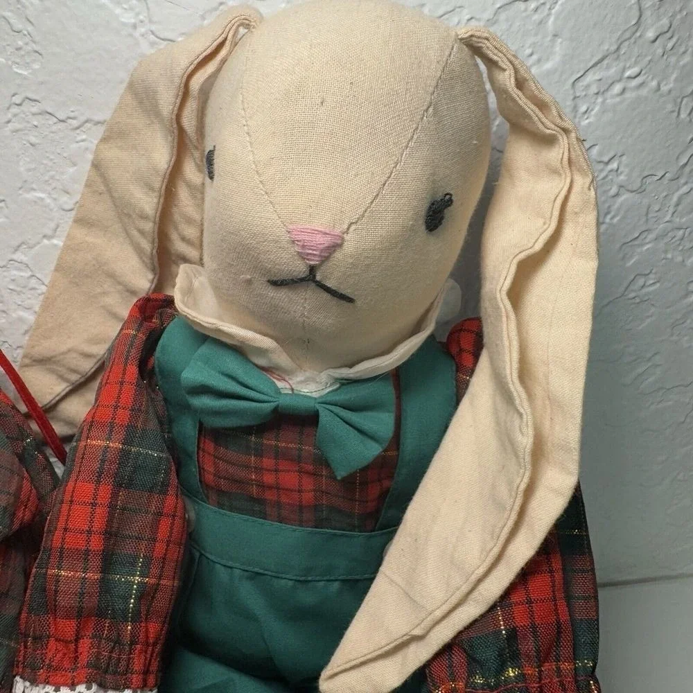 Vintage Cotton Christmas‎ Bunny Dolls Boy Girl Plaid Outfit 17